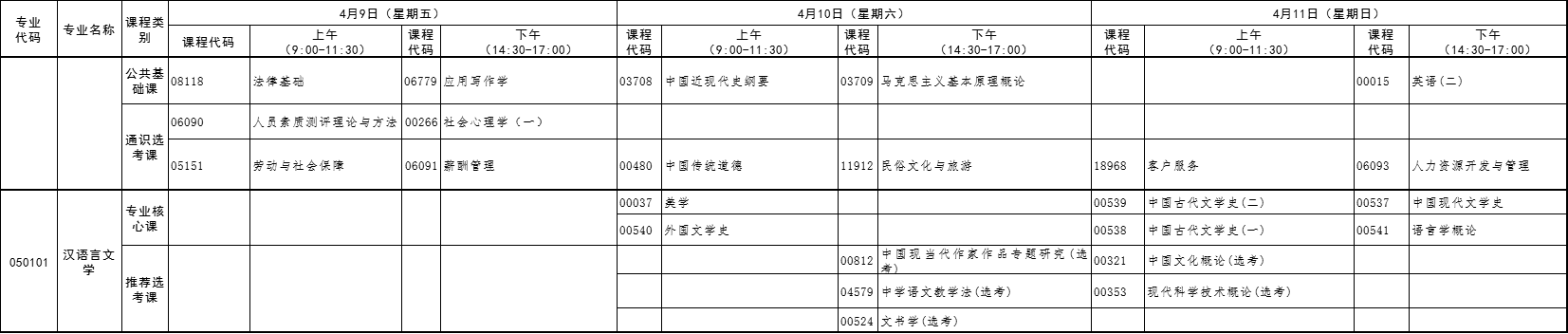 2021年4月湖北自考专升本汉语言文学考试课程安排